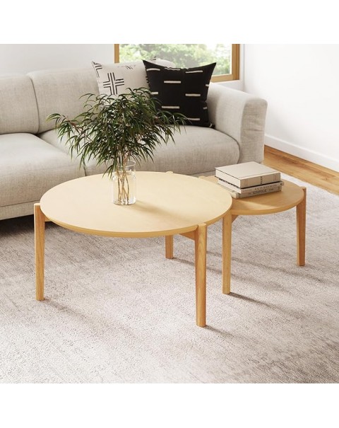 Juego de 2 mesas de centro redondas y modernas, mesas decorativas apilables para sala de estar, marrón natural