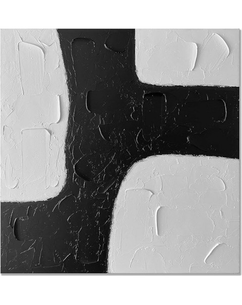 Arte de pared blanco y negro pintado a mano, pinturas en blanco y negro de 36 x 36 pulgadas, pintura al óleo con textura, arte contemporáneo grande, decoraciones minimalistas para el hogar