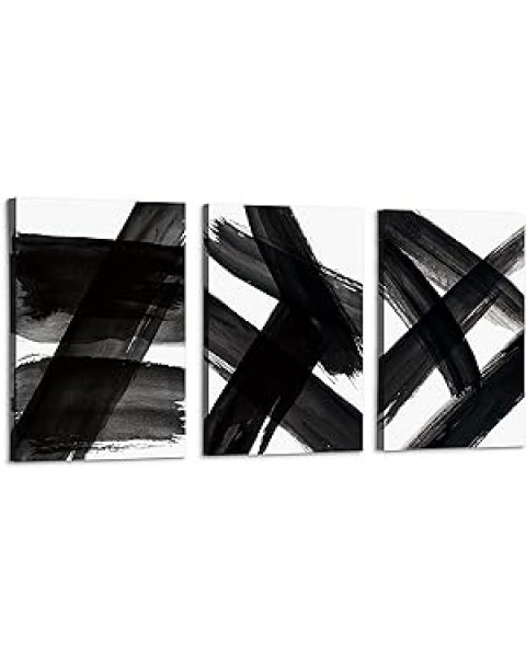 Black and White Abstract Canvas Wall Art with Strokes Abstract Shapes