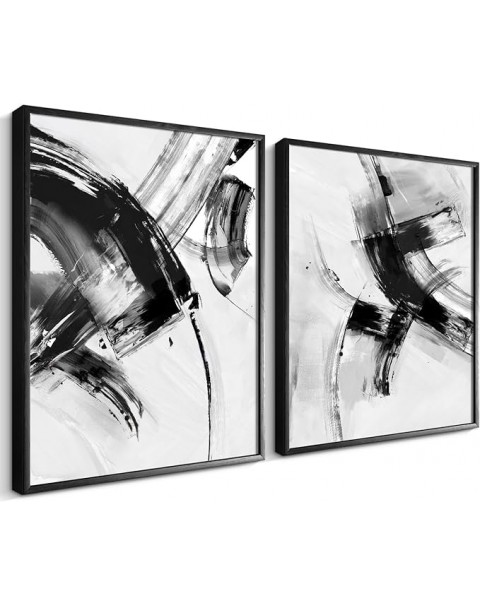 Abstract Framed Wall Art for Living Room Decor, 2 Pieces Black and White Painting Canvas Print Artwork