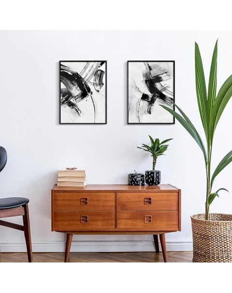Arte de pared enmarcado abstracto para decoración de sala de estar, 2 piezas de pintura en blanco y negro