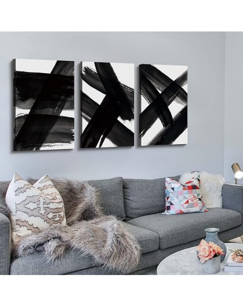 Black and White Abstract Canvas Wall Art with Strokes Abstract Shapes