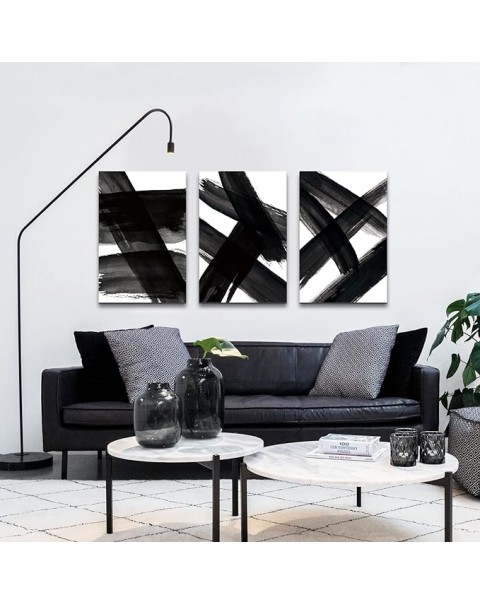 Black and White Abstract Canvas Wall Art with Strokes Abstract Shapes