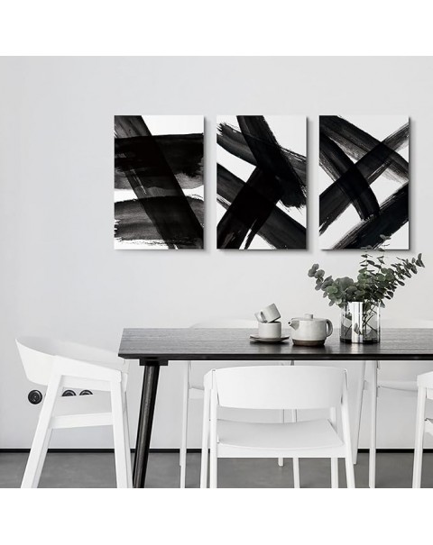 Black and White Abstract Canvas Wall Art with Strokes Abstract Shapes