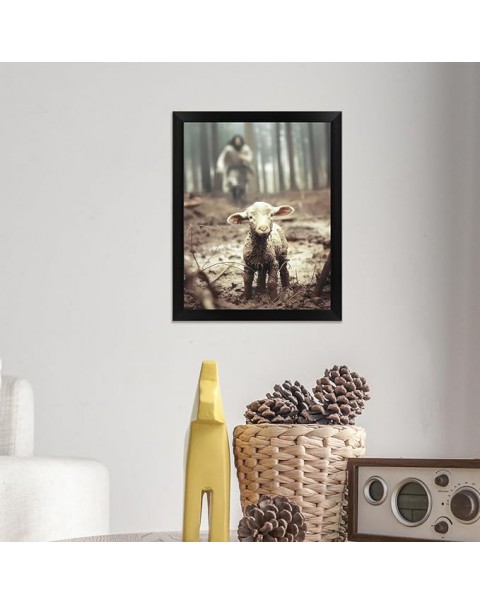 Framed Christian Wall Art Easter Home Decorations, Jesus Running After Lost Lamb Canvas Wall Art for Bathroom Decor - 8"x10" Inch