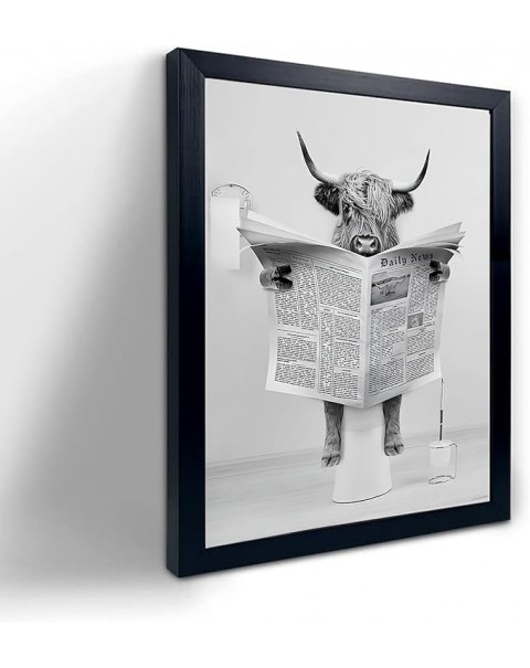 Black Framed Bathroom Decor - 12"x16" Funny Highland Cow Wall Art Cow In Bathroom Picture, Humor Animals Bathroom Artwork 