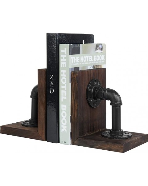 Dark Brown Industrial Pipe & Rustic Wood Bookends, Set of 2