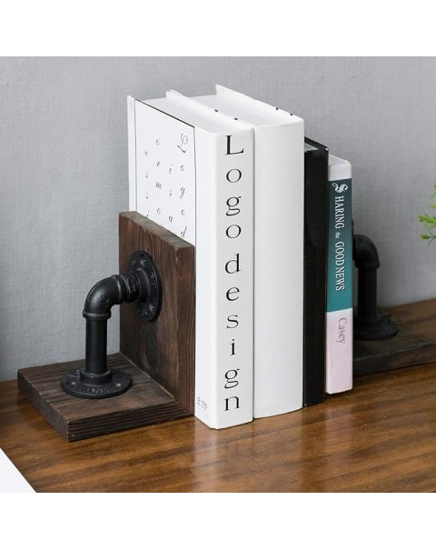 Dark Brown Industrial Pipe & Rustic Wood Bookends, Set of 2