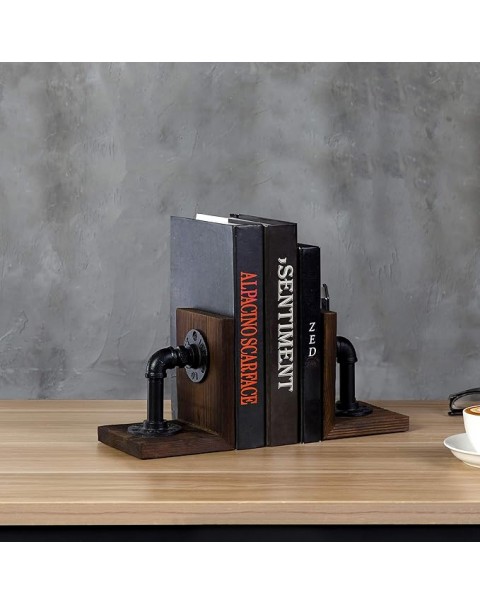 Dark Brown Industrial Pipe & Rustic Wood Bookends, Set of 2