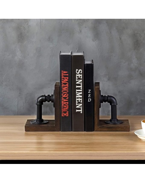 Dark Brown Industrial Pipe & Rustic Wood Bookends, Set of 2