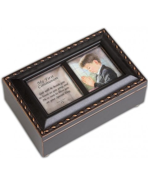 Cottage Garden First Communion God Beside You Matte Black Rope Trim Petite Music Box Plays Handel's Hallelujah