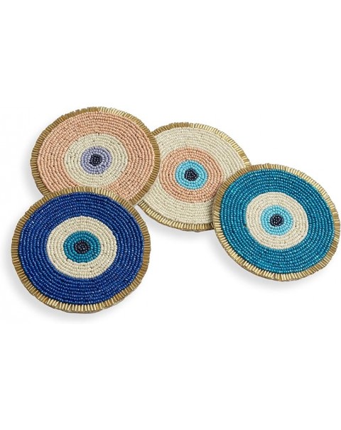 Folkulture Posavasos con cuentas para bebidas, juego de 4 o mesa de café, posavasos redondos decorativos de 4 pulgadas para decoración de mesa, lindo juego de posavasos bohemios para cócteles, decoración de mal de ojo