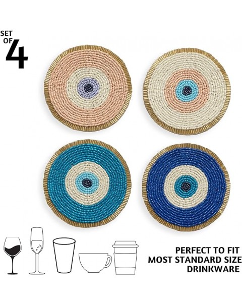 Folkulture Posavasos con cuentas para bebidas, juego de 4 o mesa de café, posavasos redondos decorativos de 4 pulgadas para decoración de mesa, lindo juego de posavasos bohemios para cócteles, decoración de mal de ojo