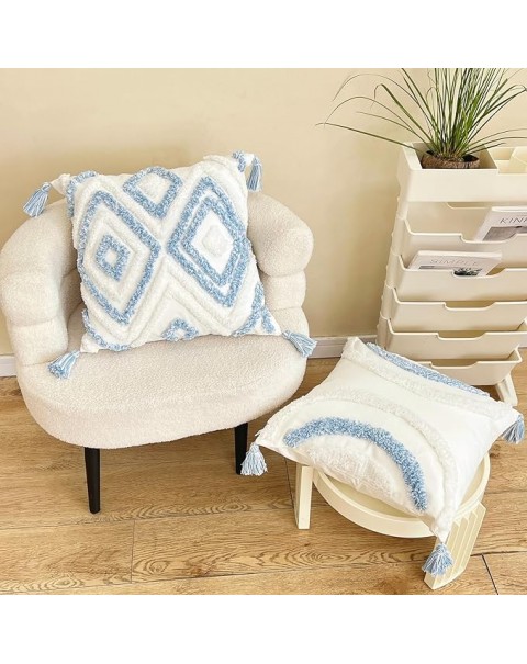 Set of 2 Boho Throw Pillow Covers Blue and White, Cotton Woven Tufted Decorative Pillowcases with Tassel,