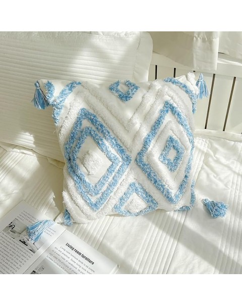 Set of 2 Boho Throw Pillow Covers Blue and White, Cotton Woven Tufted Decorative Pillowcases with Tassel,