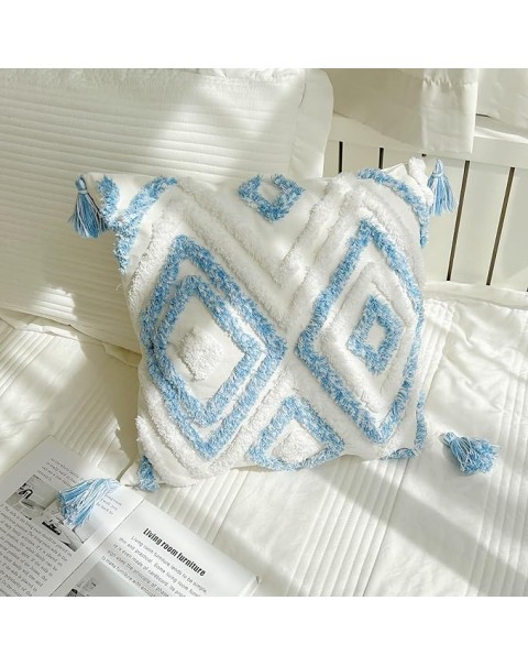 Juego de 2 fundas de almohada bohemias azules y blancas, fundas de almohada decorativas tejidas de algodón con borla,