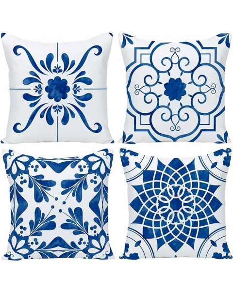 Fundas de almohada decorativas con flores azules geométricas