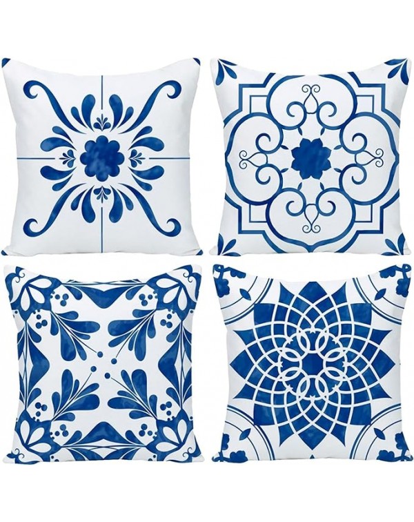  Geometric Blue Flower Decorative Throw Pillow Cov...