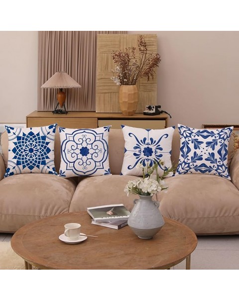 Fundas de almohada decorativas con flores azules geométricas