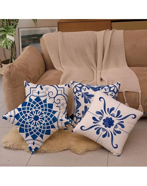 Fundas de almohada decorativas con flores azules geométricas