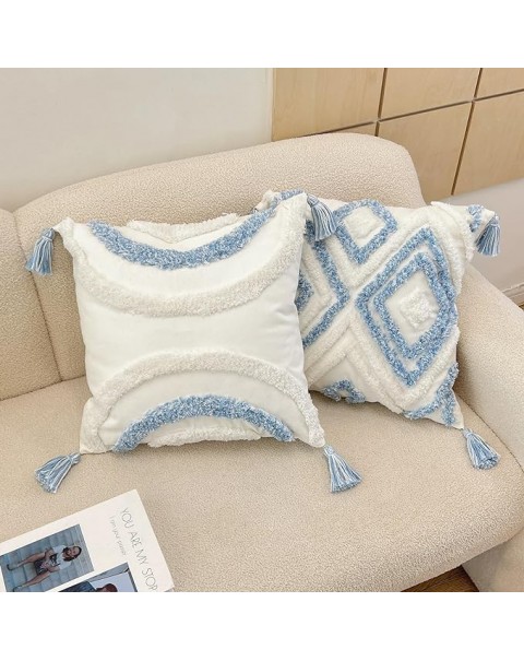 Set of 2 Boho Throw Pillow Covers Blue and White, Cotton Woven Tufted Decorative Pillowcases with Tassel,